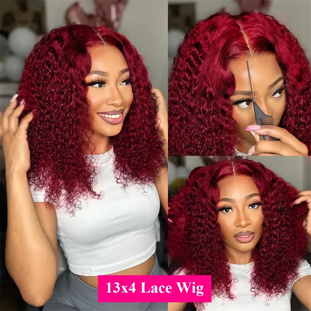 13x4 Lace Frontal Wig Short Bob Kinky Curly Wig Pre Plucked 99J Deep Wave Human Hair Bob Burgundy Lace Front Wigs Bob Human Hai thumbnail 3