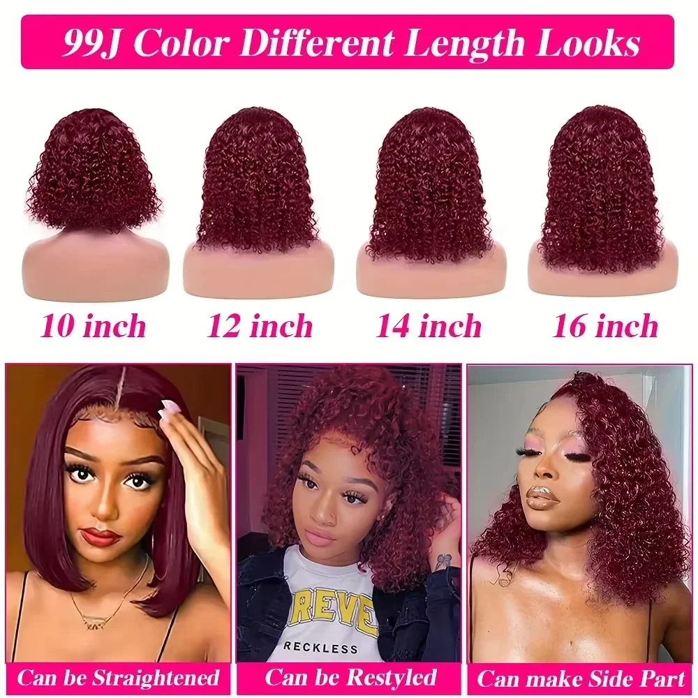 13x4 Lace Frontal Wig Short Bob Kinky Curly Wig Pre Plucked 99J Deep Wave Human Hair Bob Burgundy Lace Front Wigs Bob Human Hai thumbnail 6