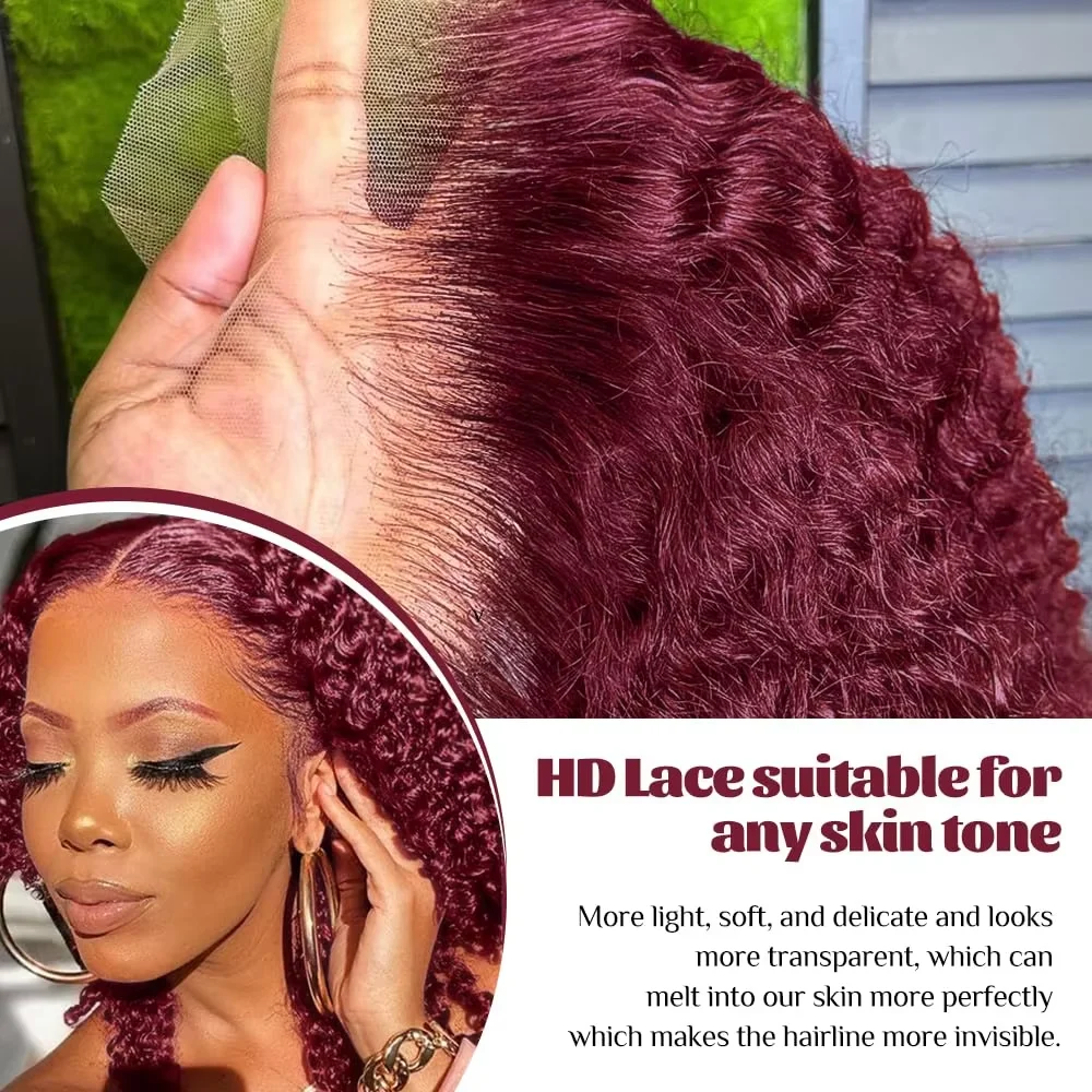 13x4 Lace Frontal Wig Short Bob Kinky Curly Wig Pre Plucked 99J Deep Wave Human Hair Bob Burgundy Lace Front Wigs Bob Human Hai thumbnail 2