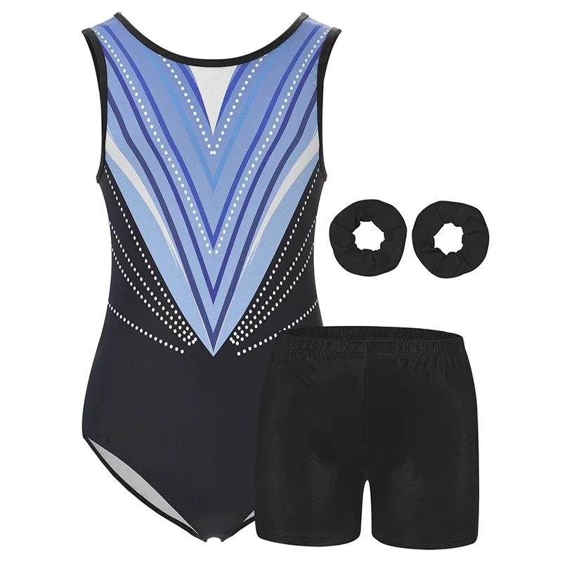 Girls Gymnastics Leotards Kids Water-drop Back sleeveless Unitard Tumbling Activewear Outfits with Headbands and shorts ﻿ thumbnail 2