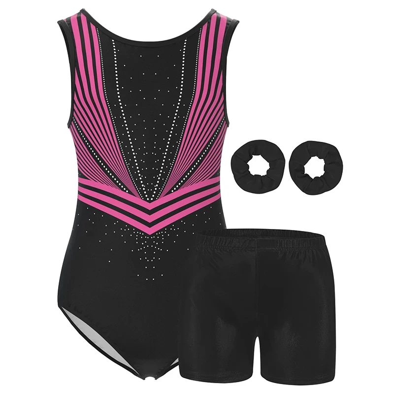 Girls Gymnastics Leotards Kids Water-drop Back sleeveless Unitard Tumbling Activewear Outfits with Headbands and shorts ﻿ thumbnail 4