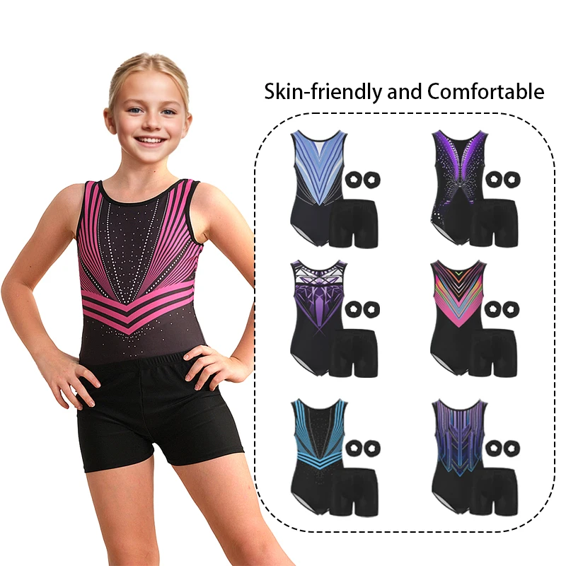 Girls Gymnastics Leotards Kids Water-drop Back sleeveless Unitard Tumbling Activewear Outfits with Headbands and shorts ﻿
