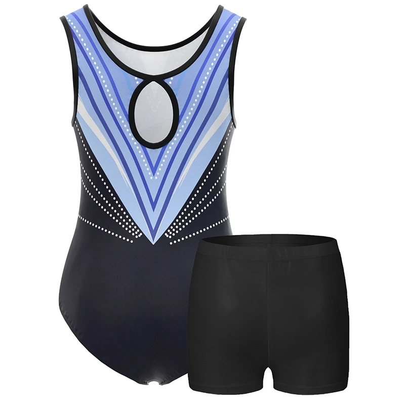 Girls Gymnastics Leotards Kids Water-drop Back sleeveless Unitard Tumbling Activewear Outfits with Headbands and shorts ﻿ thumbnail 3