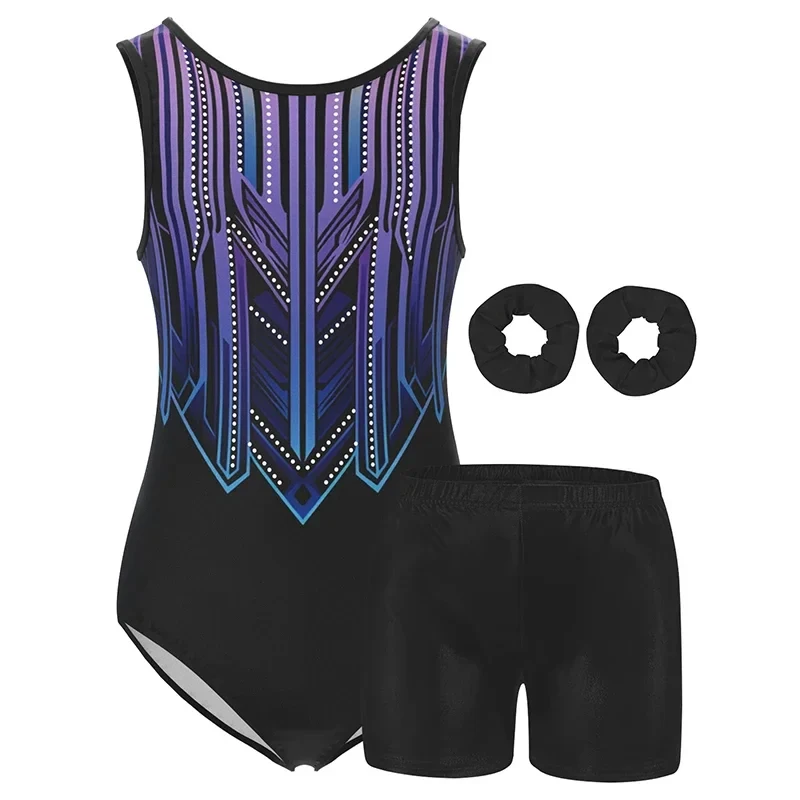 Girls Gymnastics Leotards Kids Water-drop Back sleeveless Unitard Tumbling Activewear Outfits with Headbands and shorts ﻿ thumbnail 5
