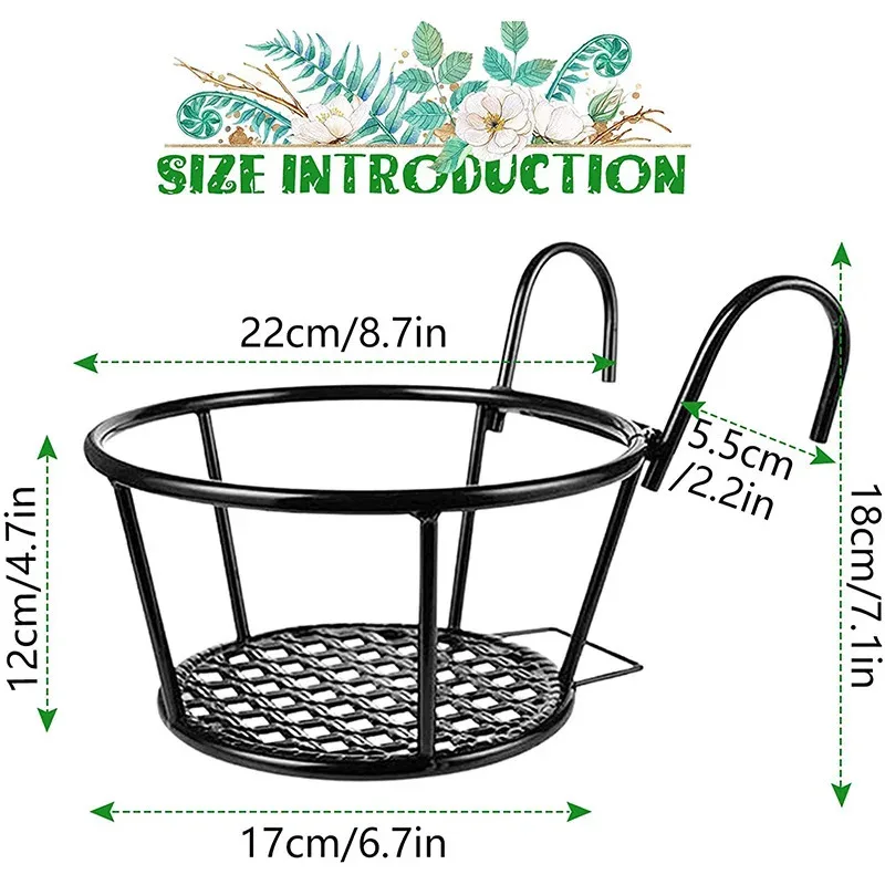 Iron Art Round Hanging Plant Basket Rack - 1PC Outdoor Bonsai Stand for Balcony Railing, Fence & Window Decoration thumbnail 5