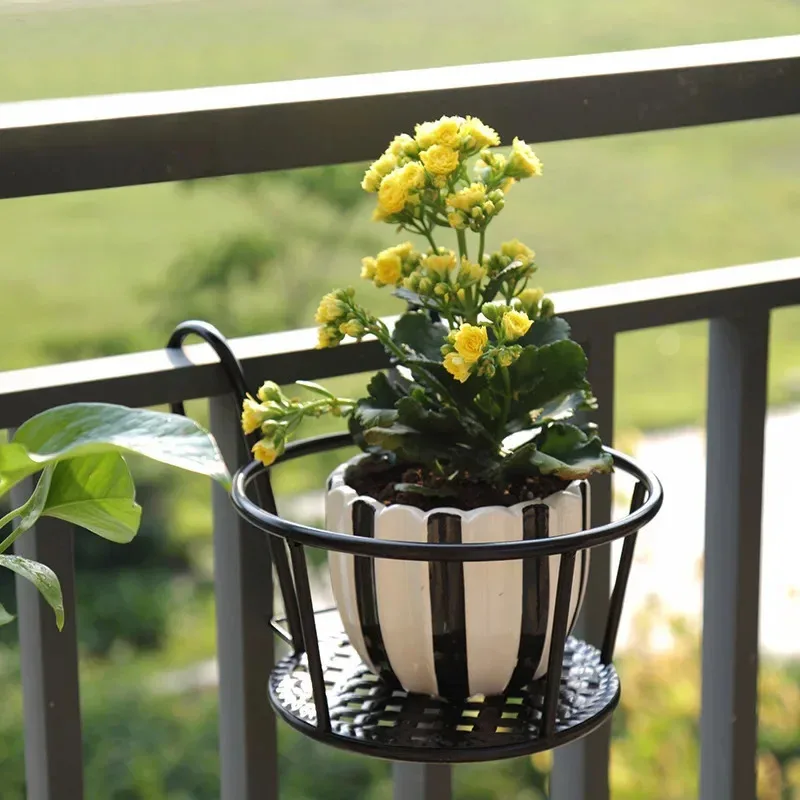 Iron Art Round Hanging Plant Basket Rack - 1PC Outdoor Bonsai Stand for Balcony Railing, Fence & Window Decoration thumbnail 2