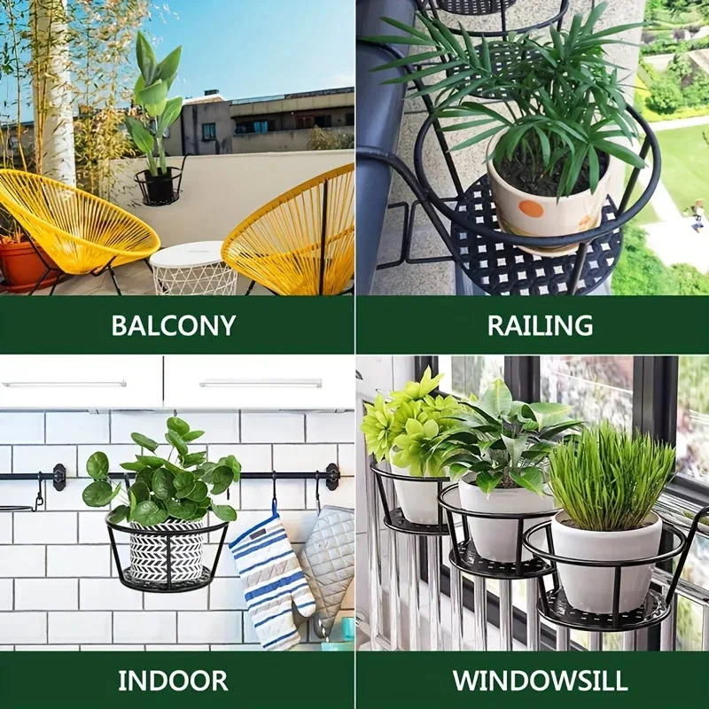 Iron Art Round Hanging Plant Basket Rack - 1PC Outdoor Bonsai Stand for Balcony Railing, Fence & Window Decoration thumbnail 3