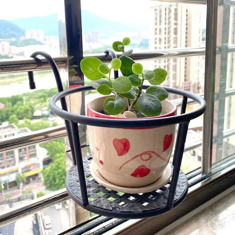 Iron Art Round Hanging Plant Basket Rack - 1PC Outdoor Bonsai Stand for Balcony Railing, Fence & Window Decoration thumbnail 6