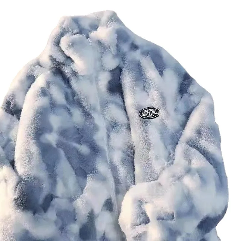 Winter Tie Dye Gradient Rabbit Fur Stand Up Collar Lamb Men's Loose Thick Couple Plush Cotton Coats Trend Men and woman Clothing thumbnail 5