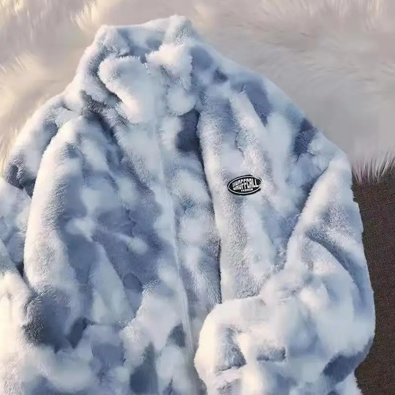 Winter Tie Dye Gradient Rabbit Fur Stand Up Collar Lamb Men's Loose Thick Couple Plush Cotton Coats Trend Men and woman Clothing thumbnail 2