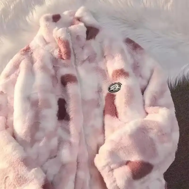 Winter Tie Dye Gradient Rabbit Fur Stand Up Collar Lamb Men's Loose Thick Couple Plush Cotton Coats Trend Men and woman Clothing thumbnail 3