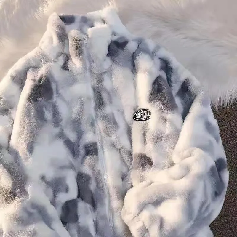 Winter Tie Dye Gradient Rabbit Fur Stand Up Collar Lamb Men's Loose Thick Couple Plush Cotton Coats Trend Men and woman Clothing thumbnail 4