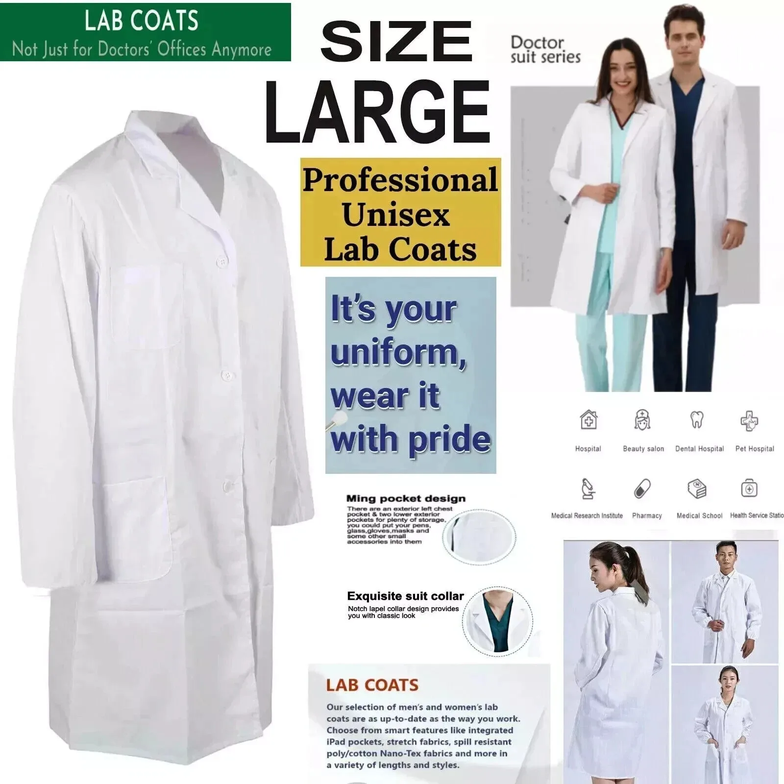 Medical Student White Lab Coat for Women Men Students Skin-friendly Design for Hospital Scientist School Healthcare Professional