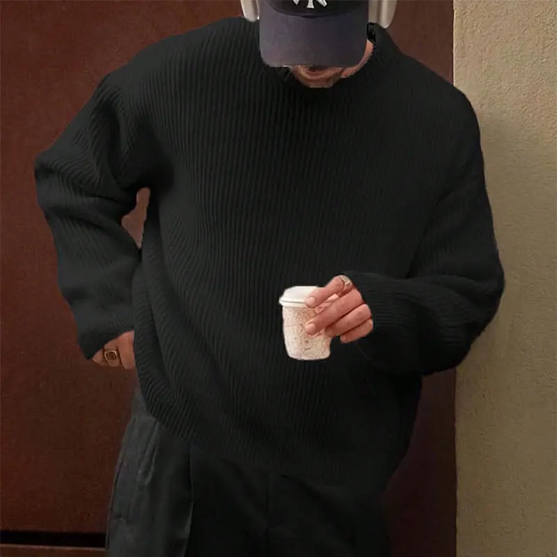 2025 New Winter-Spring Solid Color Underwear Round-neck Sweater Men's Korean Style Loose-Fitting Casual Knitted Shirt thumbnail 3