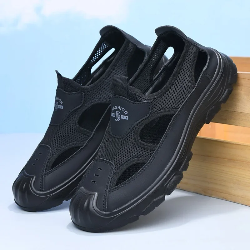 Men's Summer Breathable Mesh Sandals Water Shoes Outdoor Casual Beach Shoes Slip-On Comfortable PU Bottom Grid Lined Shoes thumbnail 2