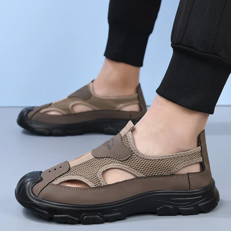 Men's Summer Breathable Mesh Sandals Water Shoes Outdoor Casual Beach Shoes Slip-On Comfortable PU Bottom Grid Lined Shoes thumbnail 4