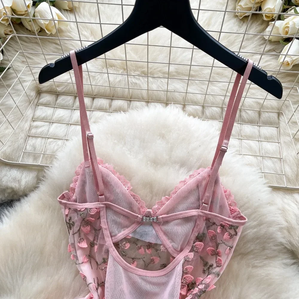Sexy Slim Spliced Embroidered sleeveless bodysuits Chic Korean Camis Tank Top Fashion Off Shoulder Summer Women Clothing thumbnail 6