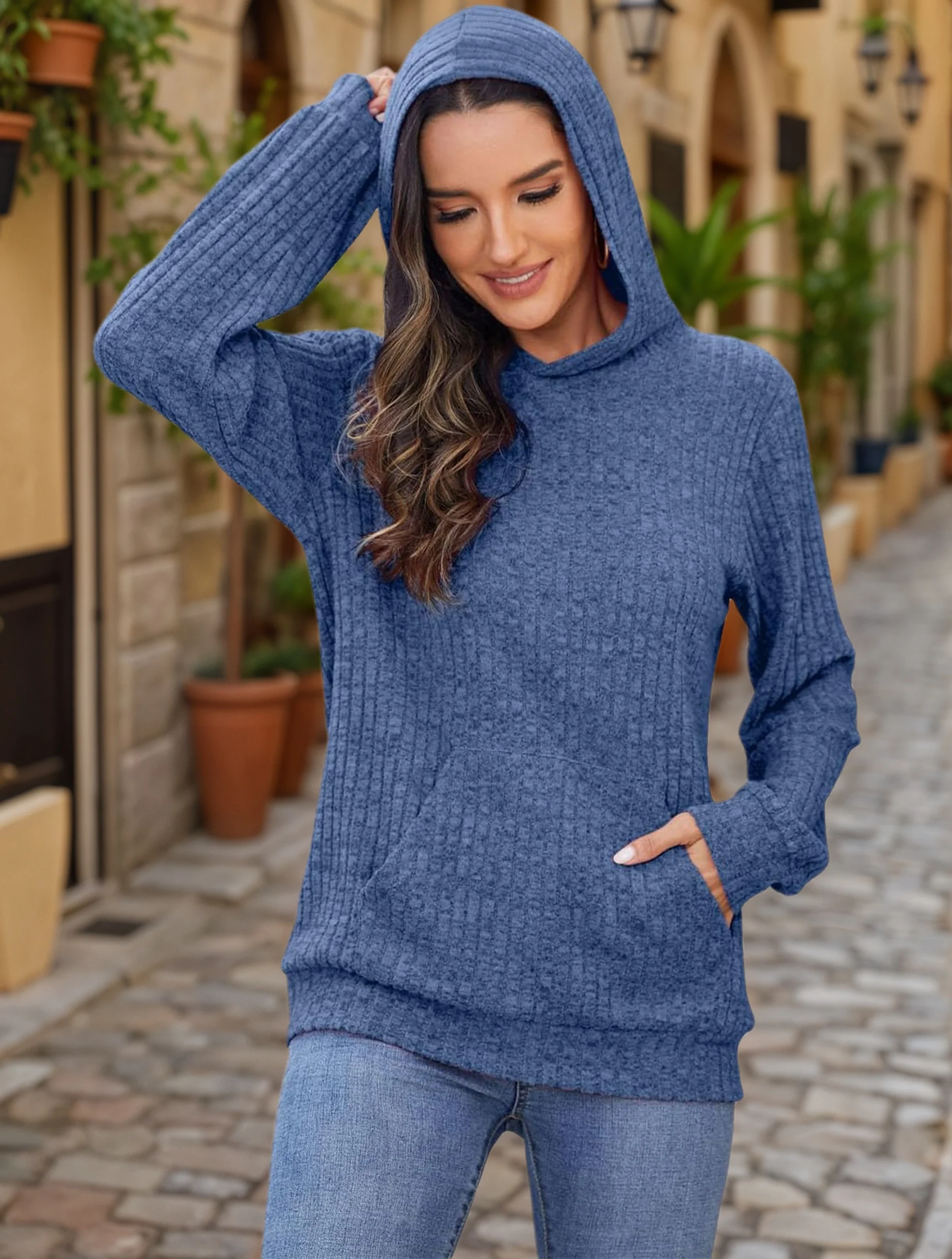 Plus size fashion women's solid color ribbed hooded casual long sleeve sweatshirt with pockets thumbnail 3