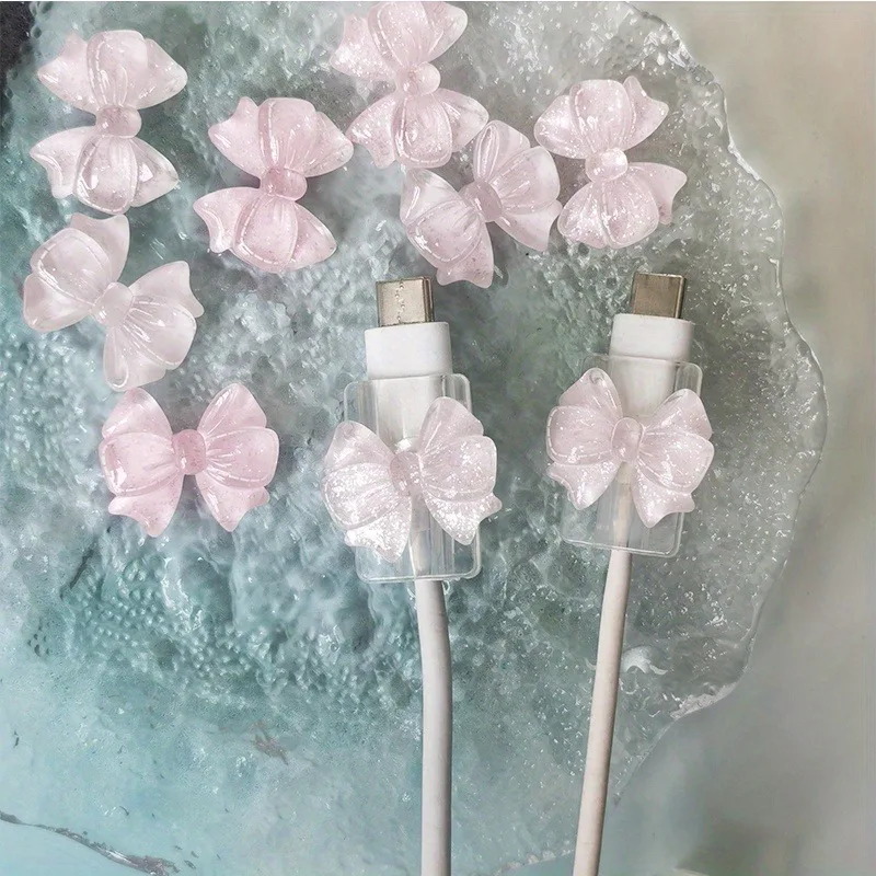 2Pcs Lovely Pink Bow Silicone Charger Cable Protector Sleeve Cable Holder Clip Anti-break Transparent Cord Cover Wrap thumbnail 5