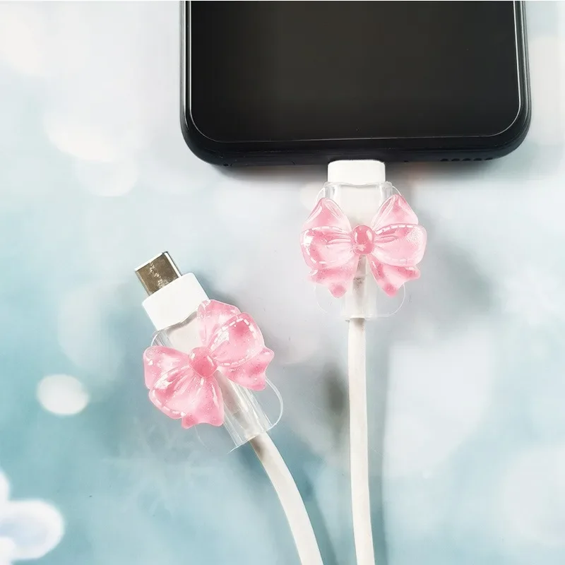2Pcs Lovely Pink Bow Silicone Charger Cable Protector Sleeve Cable Holder Clip Anti-break Transparent Cord Cover Wrap thumbnail 6