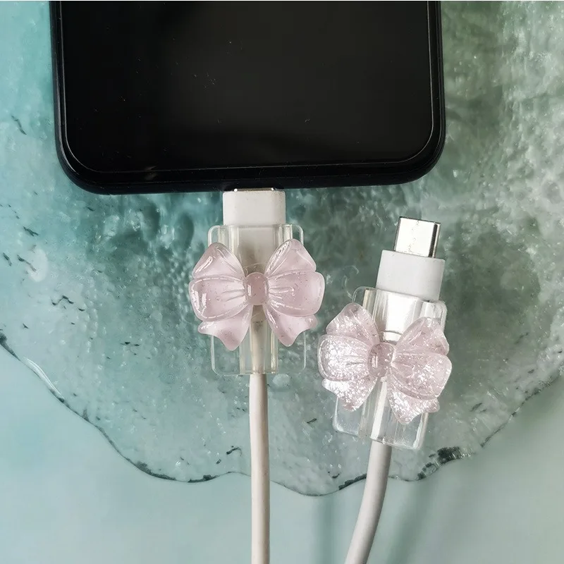 2Pcs Lovely Pink Bow Silicone Charger Cable Protector Sleeve Cable Holder Clip Anti-break Transparent Cord Cover Wrap thumbnail 3