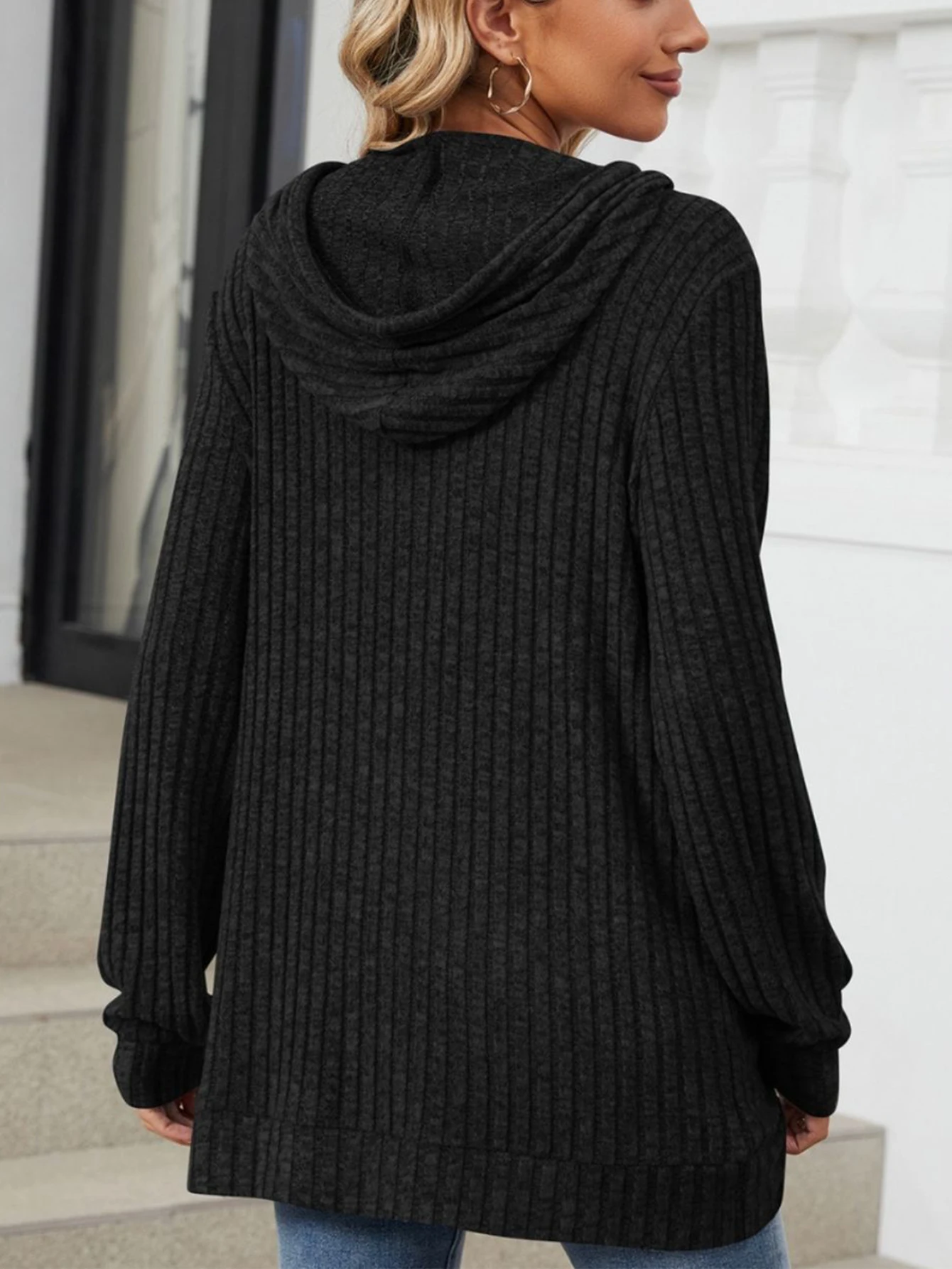 Women's plus size striped long sleeve hooded fashion solid color sweatshirt. thumbnail 3