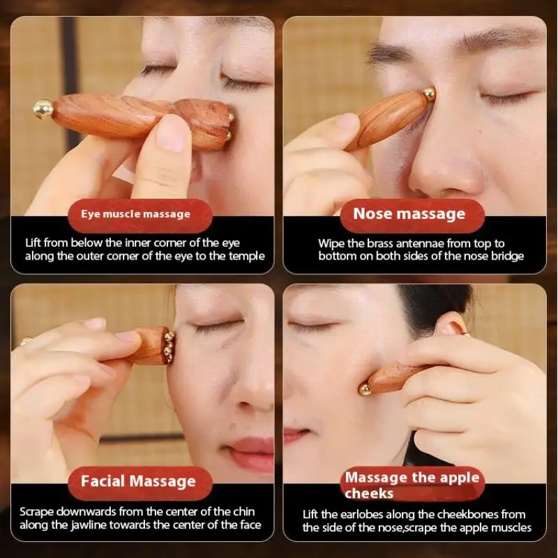 Handheld Lotus Seedpod Beauty Professional Brass & Rosewood Facial Gua Sha Tool Eye Relaxation Spot Meridians Acupoint Massage thumbnail 2