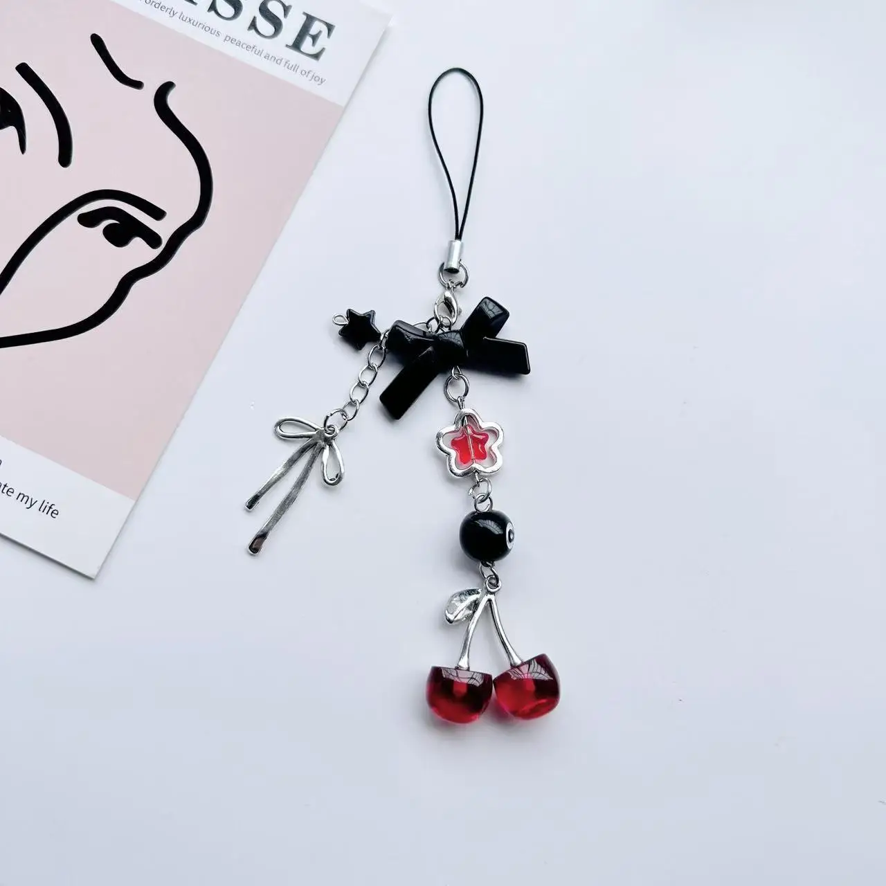 New Design 1 Piece y2k Style  Cute Cherry Bowknot Beaded Mobile Phone Charms Keychains Lanyard Smartphone Strap Accessory