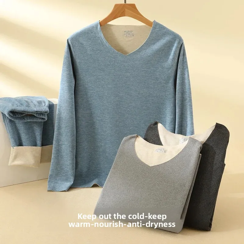 Warm Underwear Set Hot Sale Of The Season New Women's Cashmere Silk Ab Face De Men's Seamless Base Shirt Autumn Clothes Autumn P thumbnail 3