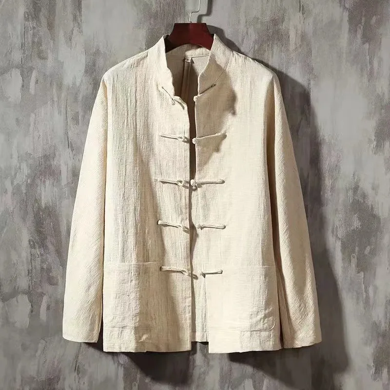 Retro Chinese Style Linen Shirt Men's Long Sleeve Cotton Linen Button up Stand Collar Tang Costume Spring Autumn Fashion Urban