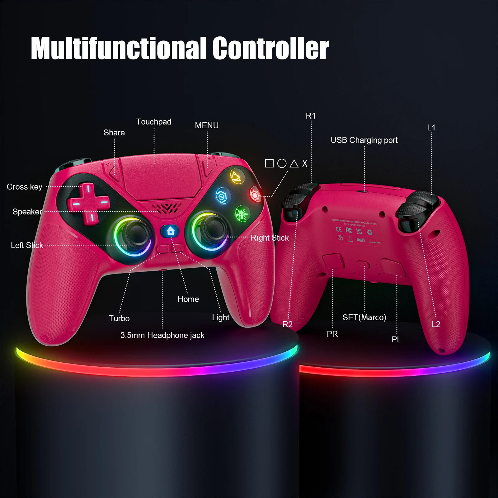 Controller For Playstation 5/PS5 Pro/Slim/PC,6-Axis Gryo No Drift RGB Wireless Gamepads Marco/Turbo Game Joystick Remote Control thumbnail 6