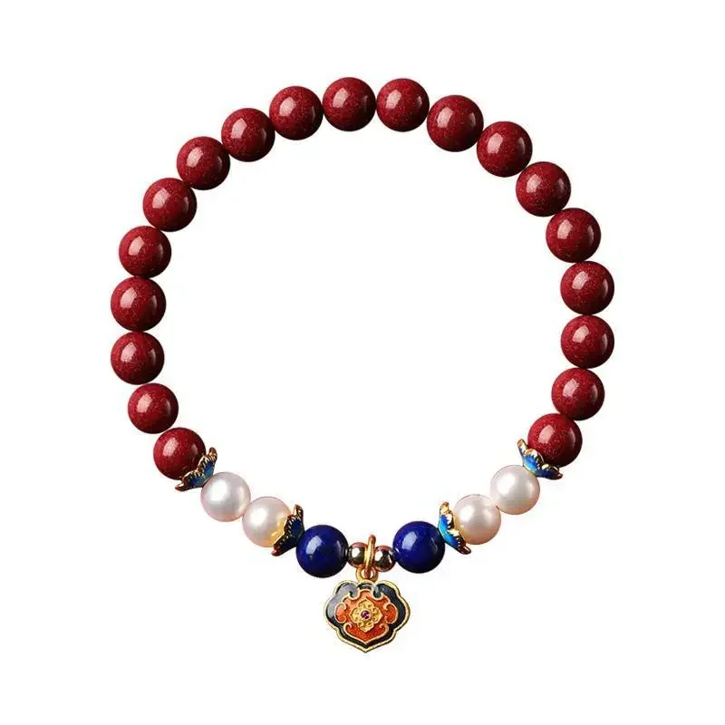 Natural Ore Vermilion Bracelet Women's Honey Amber Pearl Longevity Lock Buddha Beads Dragon Year Gift Hand Chain Jewelry thumbnail 5