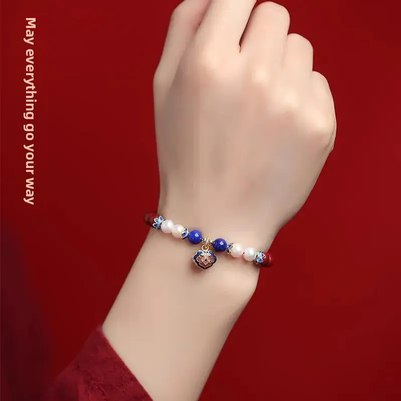 Natural Ore Vermilion Bracelet Women's Honey Amber Pearl Longevity Lock Buddha Beads Dragon Year Gift Hand Chain Jewelry thumbnail 2
