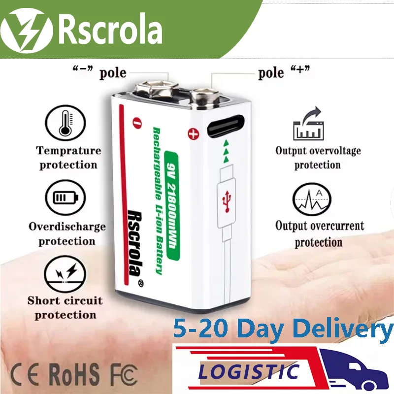 Rscrola 9V 21800mWh Lithium ion Rechargeable Battery High Capacity for Guitar Microphone Smoke Detector Pedal with Cable
