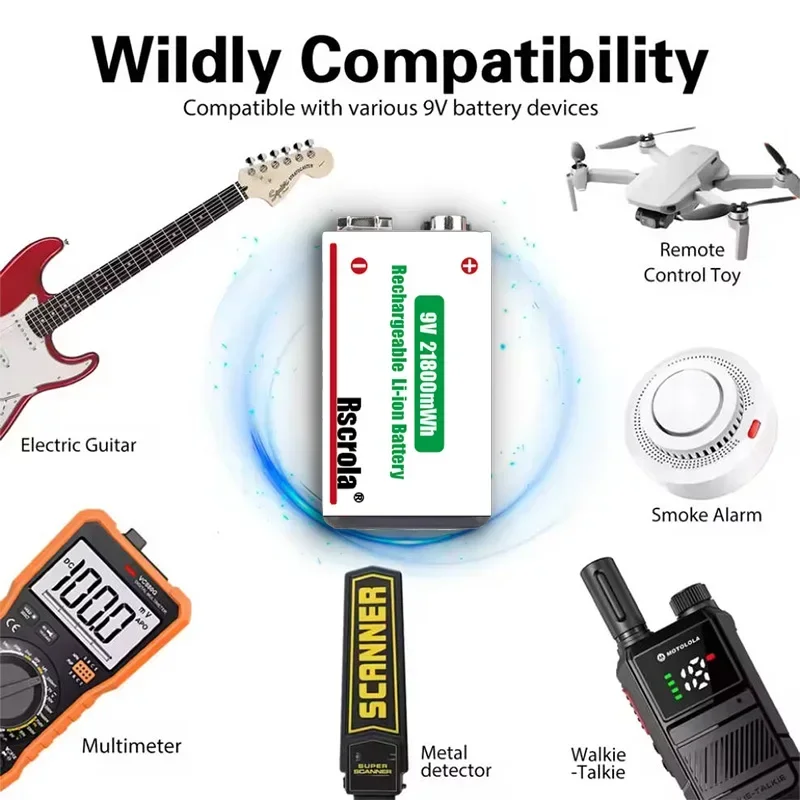 Rscrola 9V 21800mWh Lithium ion Rechargeable Battery High Capacity for Guitar Microphone Smoke Detector Pedal with Cable thumbnail 4