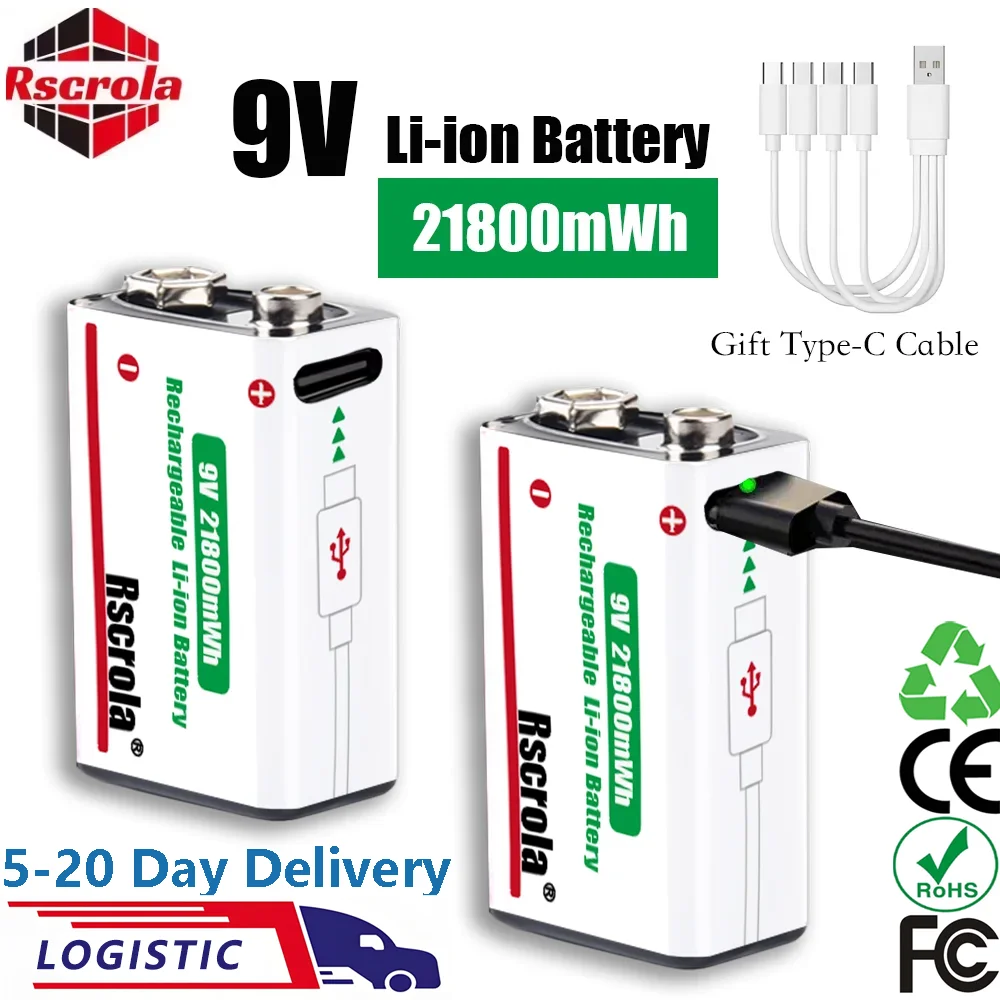 Rscrola 9V 21800mWh Lithium ion Rechargeable Battery High Capacity for Guitar Microphone Smoke Detector Pedal with Cable thumbnail 3