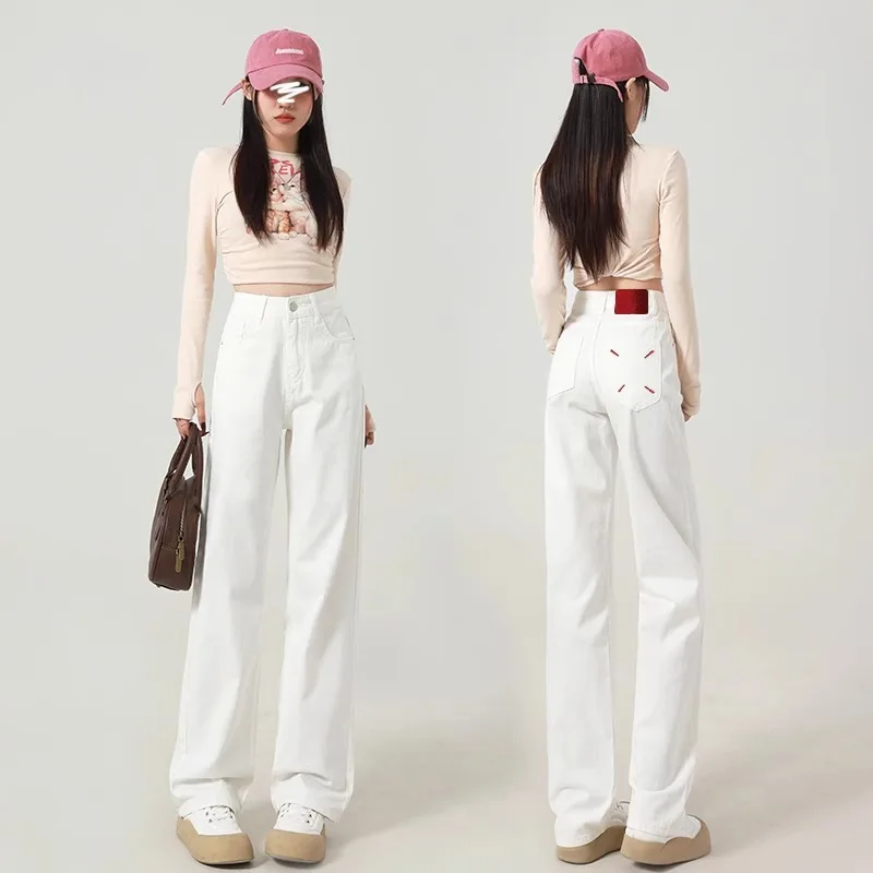 Straight Leg Women Jeans Y2K Style Slim Fit Casual Trousers High Waist Loose Pants Autumn Fashion Trendy White Design thumbnail 2