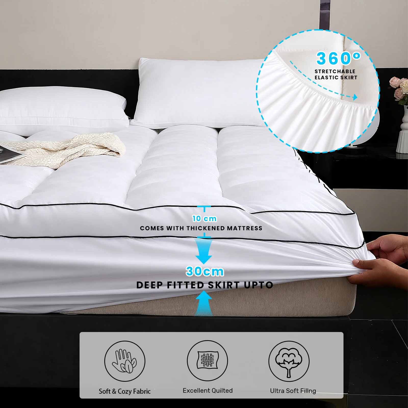 Double Bed Mattress Topper 10cm: Quilted Ultra Fluffy, Breathable Microfiber, Elastic Straps for Comfort & Restful Sleep thumbnail 3