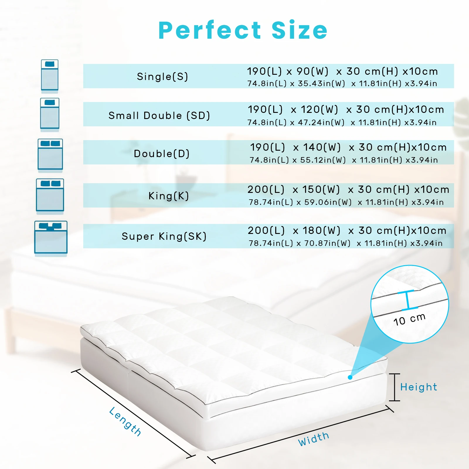 Double Bed Mattress Topper 10cm: Quilted Ultra Fluffy, Breathable Microfiber, Elastic Straps for Comfort & Restful Sleep thumbnail 6