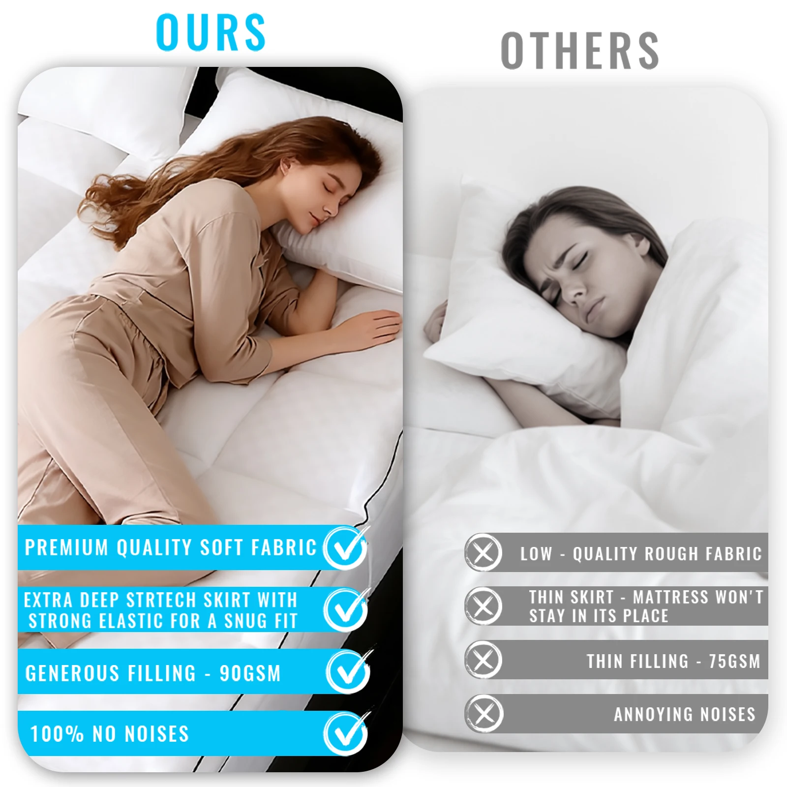 Double Bed Mattress Topper 10cm: Quilted Ultra Fluffy, Breathable Microfiber, Elastic Straps for Comfort & Restful Sleep thumbnail 2