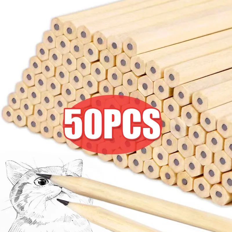 50PCs Practical Natural Wood Pencil HB Black Hexagonal Standard Pencil for Stationery Office School Supplies