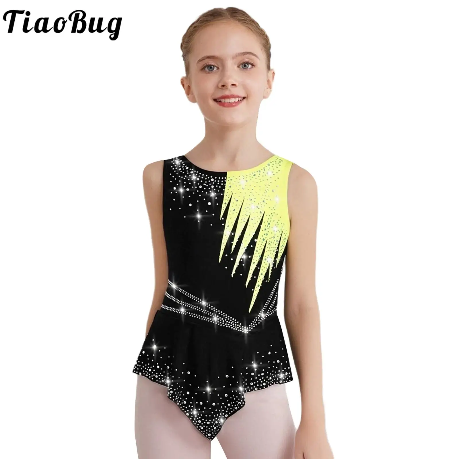 Kids Girls Rhythmic Gymnastics Leotard Dress Rhinestones Figure Skating Rumba Latin Dance Cha-Cha Bodysuit Performance Costume