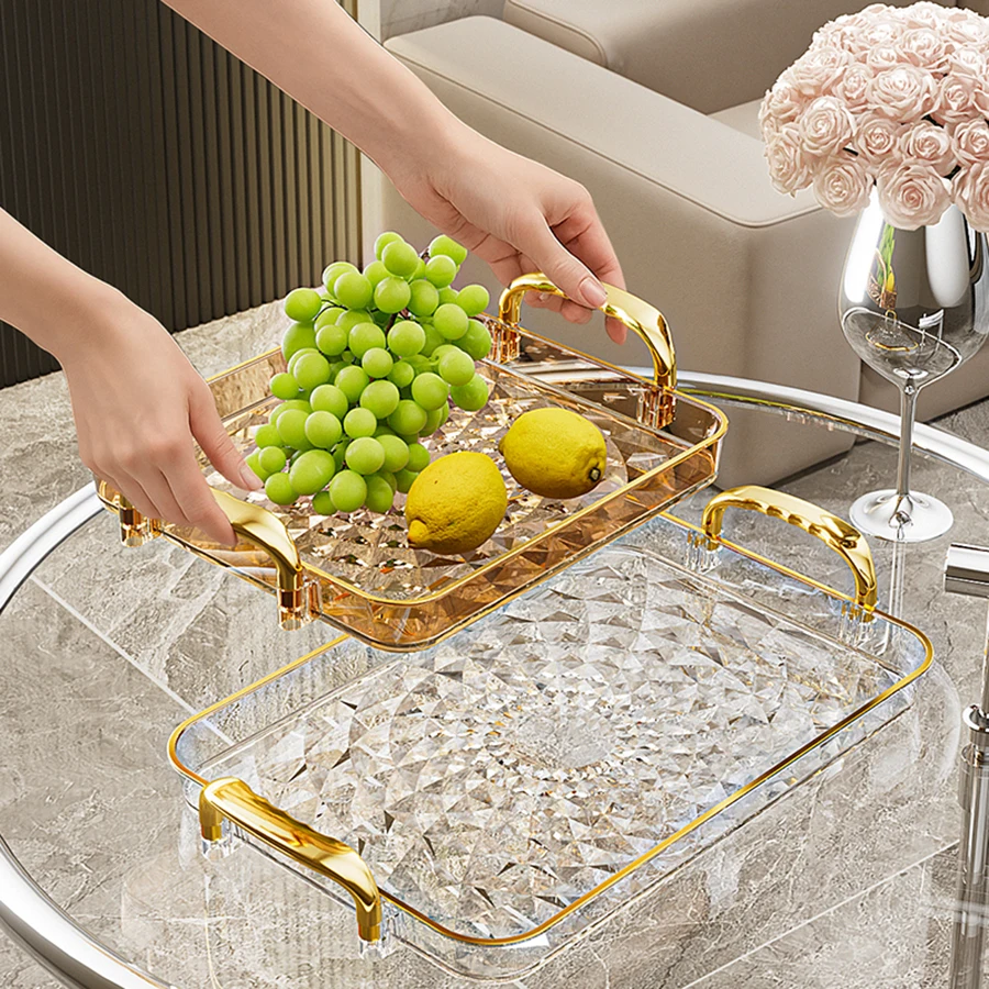 WORTHBUY Light Luxury Clear Serving Tray Plastic Fruit Dessert Tray With Handle Home Decorative Storage Tray Kitchen Organizer thumbnail 4