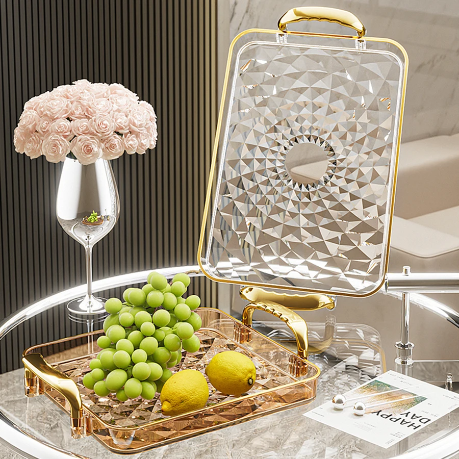 WORTHBUY Light Luxury Clear Serving Tray Plastic Fruit Dessert Tray With Handle Home Decorative Storage Tray Kitchen Organizer thumbnail 2