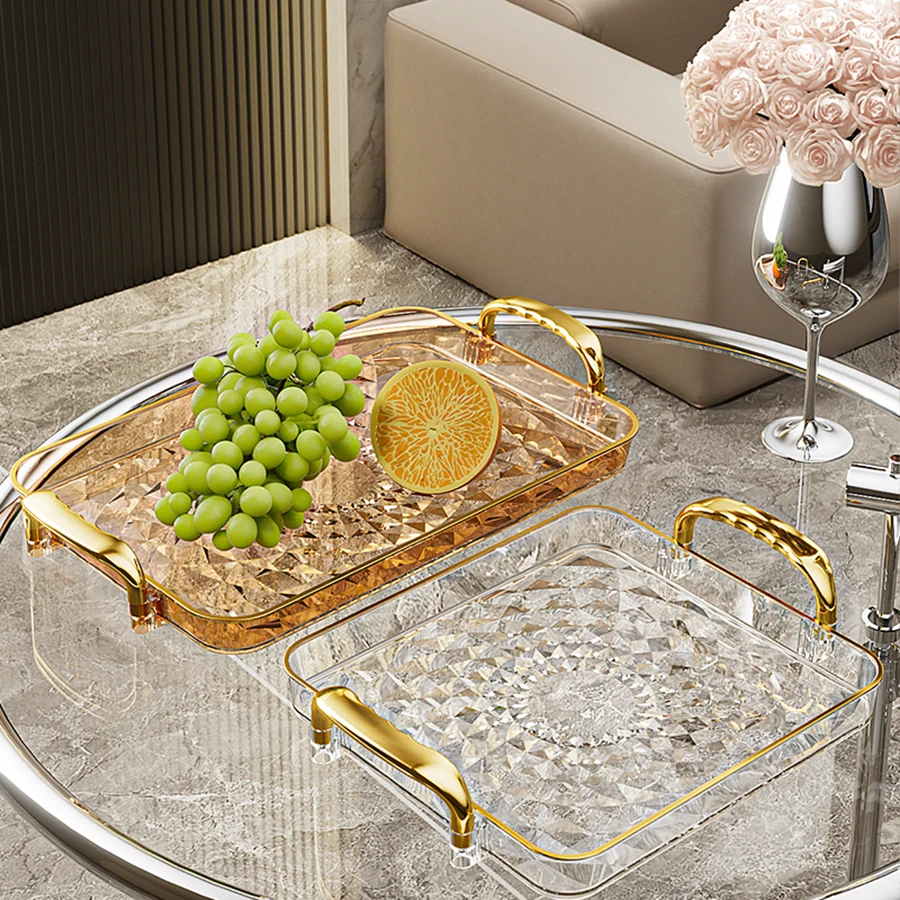 WORTHBUY Light Luxury Clear Serving Tray Plastic Fruit Dessert Tray With Handle Home Decorative Storage Tray Kitchen Organizer thumbnail 3