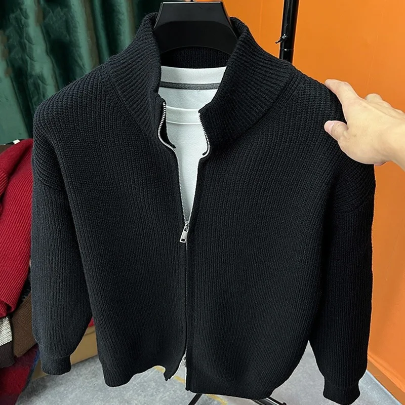 Men's Zipper Front Knitted Cardigan Pure Color Loose Fit Stand Collar Casual Sweater Jacket Autumn Winter Comfortable Outerwear