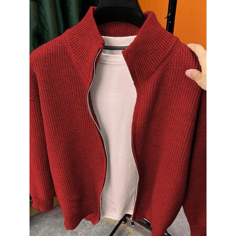 Men's Zipper Front Knitted Cardigan Pure Color Loose Fit Stand Collar Casual Sweater Jacket Autumn Winter Comfortable Outerwear thumbnail 4