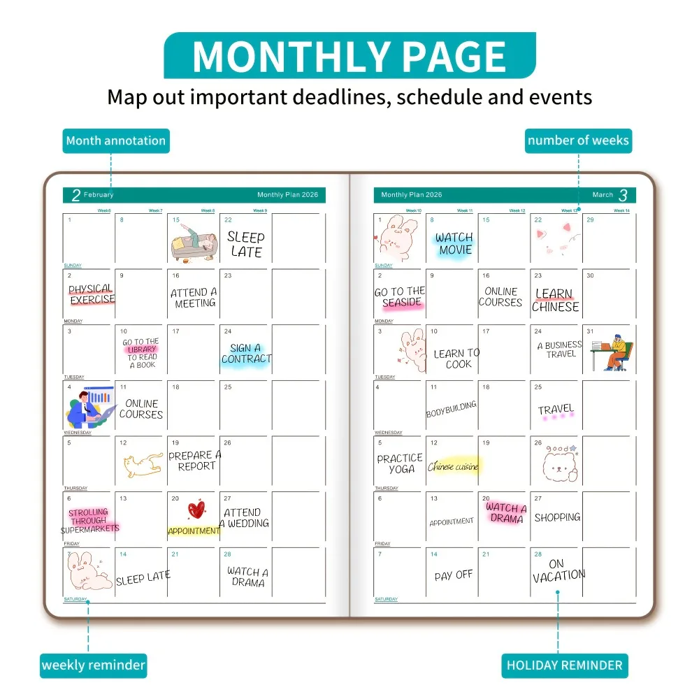 2026 Planner, Self-Discipline Calendar Planner, Weekly & Monthly Planner Layouts, 360-Page Daily Organizer,Portable Planner Book thumbnail 4