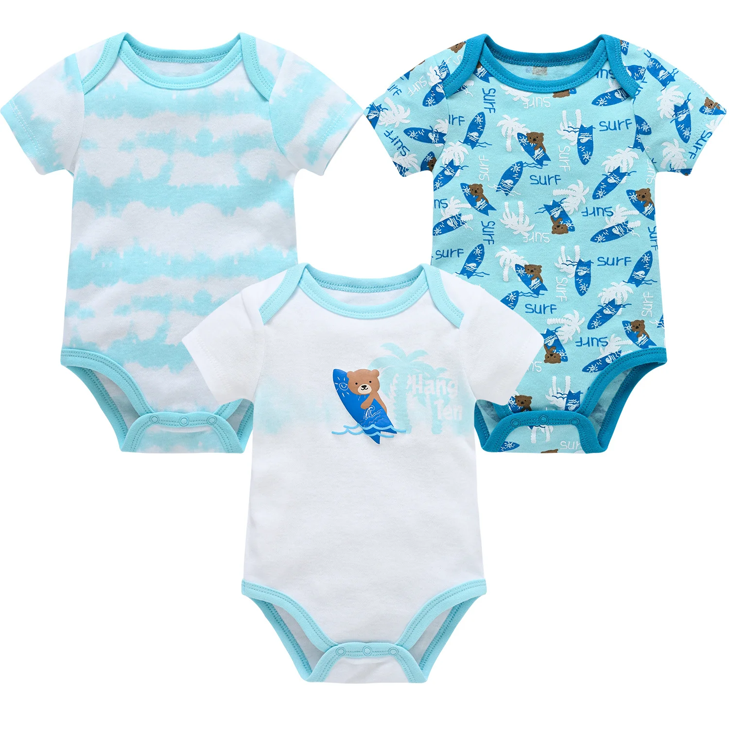 New Baby Boy Clothes Summer 100%Cotton Blue Grey Tie Print Three Piece Short Sleeve Bodysuit Pants vetements bebe For 0-12M thumbnail 5