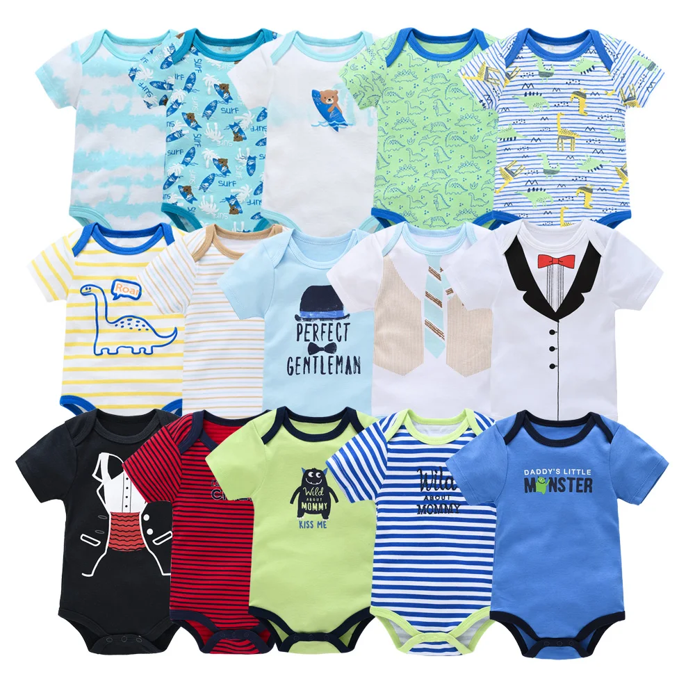 New Baby Boy Clothes Summer 100%Cotton Blue Grey Tie Print Three Piece Short Sleeve Bodysuit Pants vetements bebe For 0-12M thumbnail 6